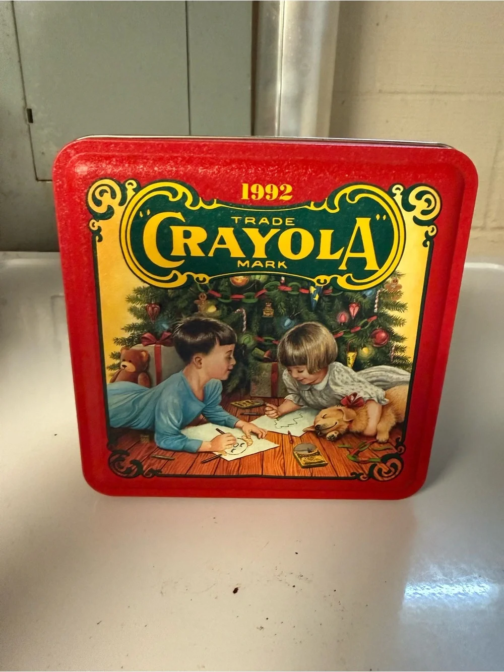 1992 Vintage Crayola Red Holiday Tin with Unopened Crayons & Ornament